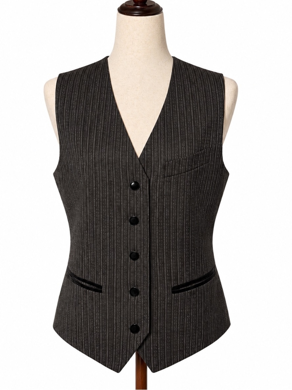 Vintage grey waistcoat/vest with black velvet accents. L